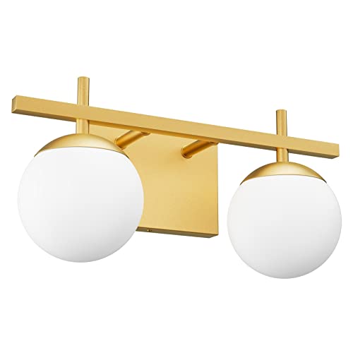 Image of Ralbay 2-Light Gold Vanity Light Mid Century Modern Bathroom Vanity Light Fixture Milky Glass Globe Bathroom Wall Light Fixtures Gold 2 Light