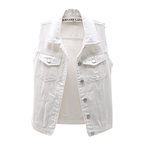 Chaleco clásico de mezclilla de botón para mujer, color sólido, sin mangas, rasgado lavado Jean Jacket 90s Vintage Jeans Chaleco con bolsillos, blanco, XXL Cover