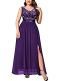 Knitee Women's Plus Size Sequin Lace Deep V-Neck Sleeveless Slit Formal Evening Maxi Dresses A-Purple