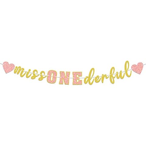 LASKYER Miss Onederful Gold and Pink Glitter Garland Banner Perfect for Wonderful Little Girl Toddler Baby Girl 1st Birthday Party Decorations. Cover