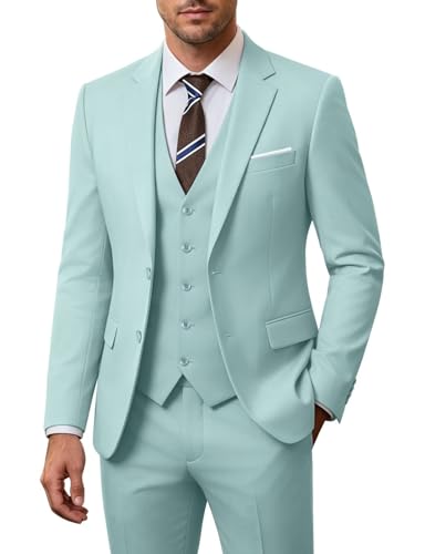 Image of Men's 3 Piece Slim Fit Suit Set, Two Button Blazer Solid Jacket Vest Pants Wedding Business Suit
