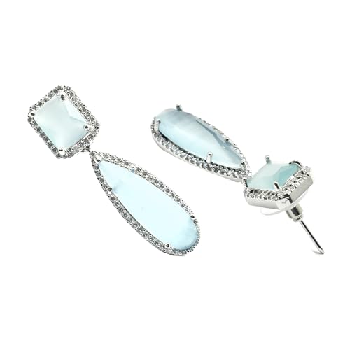 Rhodium-Plated Teardrop Drop Earrings with American Diamond Studs