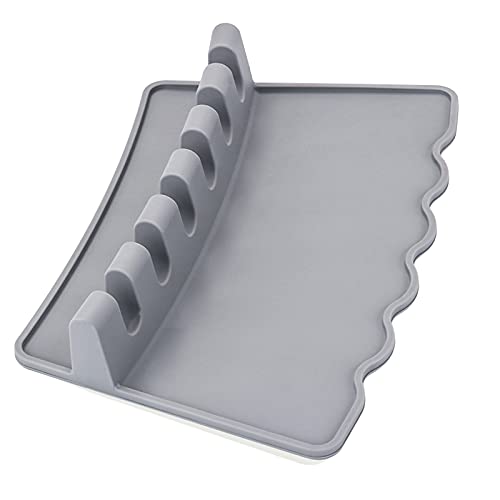 Silicone Spoon Rest for Kitchen Counter - 6 Slot with Widen Drip Pad Anti-slip Heat Resistant BPA-Free Rest Holder Grill Utensil Rest Kitchen Utensil Rest Spoon Holder for Stove Top (Grey)