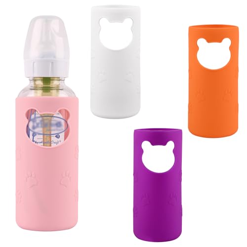 Image of 4 Pack Silicone Sleeves for Dr Brown's Glass Baby Bottles, Anti Breakage Baby Bottle Holder, Compatible Dr. Brown's Natural Narrow Glass Baby Bottles 8 oz, BPA Free (White+Pink+Purple+Orange)