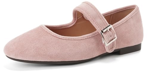Niction Mary Jane Flats Dress Shoes for Women Suede Round Toe Slip on Ballet Flats Shoes Buckle Adjustable Strap for Work Office Casual