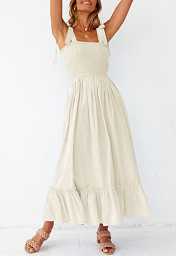 Zesica Women's 2023 Summer Boho Spaghetti Strap Square Neck Solid Color Ruffle A Line Beach Long Maxi Dress,Apricot,Medium #TOP7