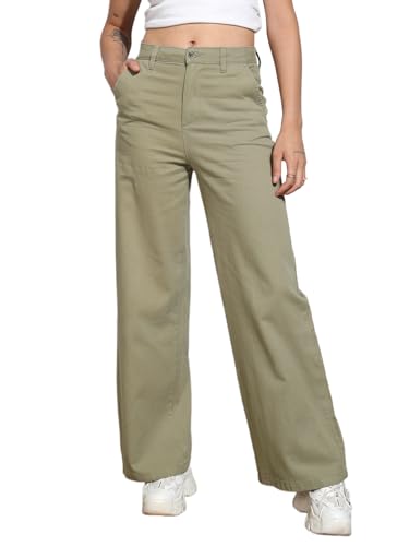 Image of Tokyo Talkies Pure Cotton Flared Wide Leg Trousers | Mid-Rise with Side Pockets|Casual Pants