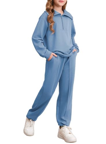 Image of blibean Girls Fall Sweatsuits Half-Zip Collared Sweatshirt & Jogger Pants Set School Tracksuit Size 6-15 Years