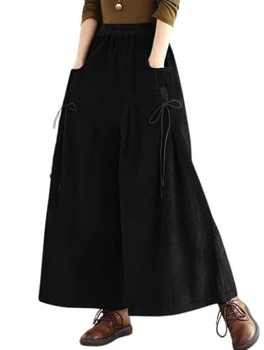 chouyatou Women's Fall Casual Wide Leg Baggy Corduroy Pants Elastic Waist Baggy Culotte Loose Trousers