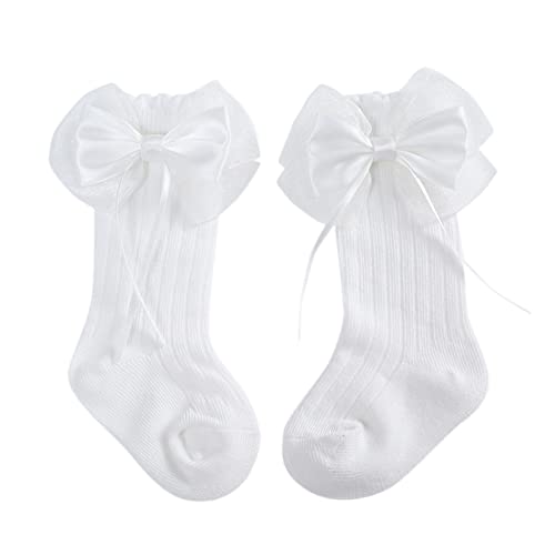 Baby Girls Crew Socks with Lace Bow Toddler Kids Non-Slip Stockings Infant Princess Socks Cozy Warm Mid Calf Socks