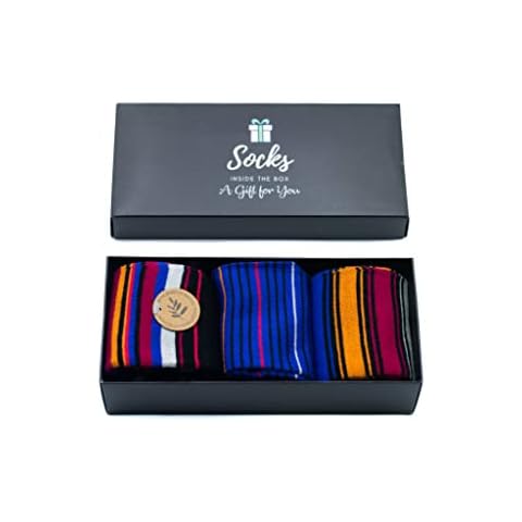 Inside the Box Gifts Bamboo Socks for Men Luxuriously Soft Quality Socks Men's Gift Box Mix of Socks Pack of 3 - Classic Striped Autumn Red, Mustard, Blue Cover
