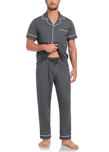 Image of COLORFULLEAF 100% Cotton Mens Pajamas Set Short Sleeve Loungewear with Long Pants Button Down Sleepwear Soft Comfy Pj for Men