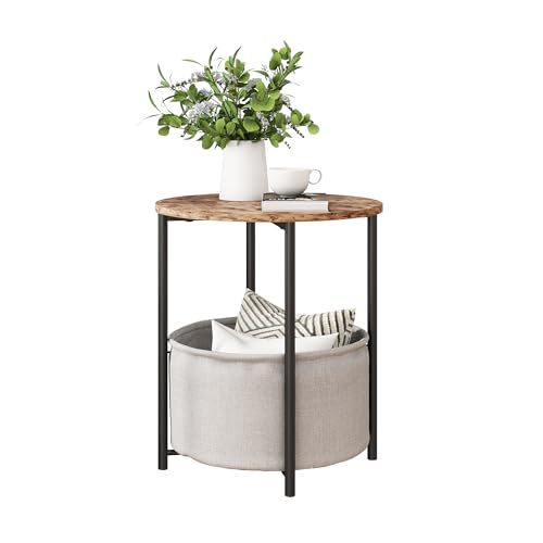 VERFARM Coffee Table with Storage, Round Center Table for Living Room, Bedroom with Fabric Basket, Modern End Table, Metal Side Table, Bedside Nightstand for Small Spaces, Brown