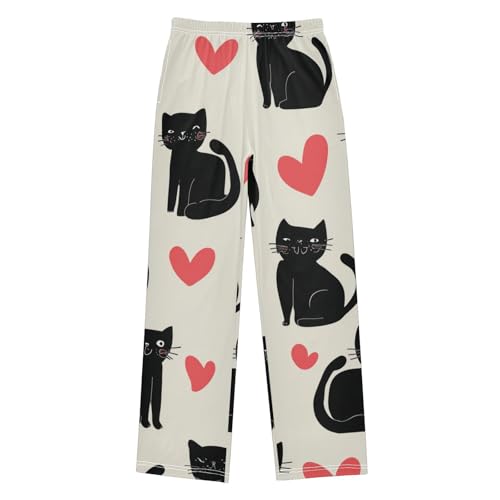 Cat Love Heart Boys Long Pants Soft Trousers Elastic Waist Kids Lounge Bottoms with Pockets S-XL