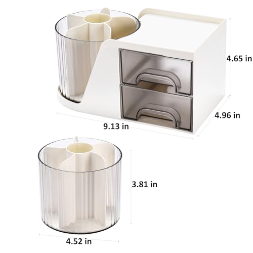 Rotating Desk Organizer with 2 Drawer, Pencil Pen Holder for Desk, Desk Organizers and Accessories with 4 Compartments + Drawer for Office Home Art Supplies (White)