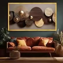 KEMEIQI Modern Metallic Circles Canvas Wall Art, Abstract Geometric Decor, Gold and Brown Circles, Contemporary Home Decoration(65x130cm/Frameless)