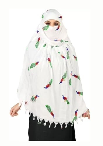 Image of Cotton Long Scarf Cum Mask Scarves Usable for Vehicle Driver | White Printed Design Fabric | Universal Size | Soft & Breathable Sun Protection | For Girl & Women