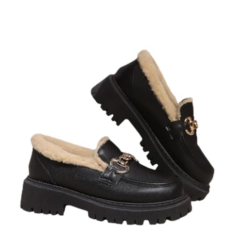 Image of SWZEC Snow Leopard Print Lined Platform Loafers (Black-1,8)