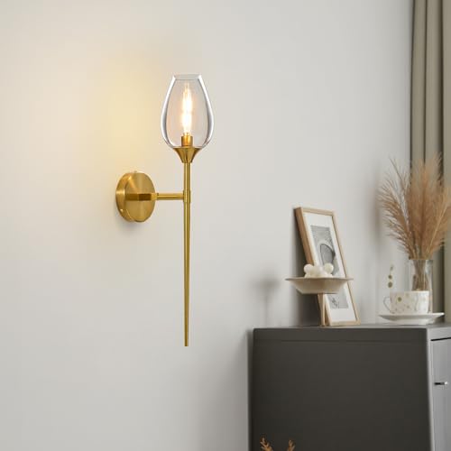 Image of Set of 2 Gold Glass Wall Sconce Light,Vanity Light with Flower Shade | Decorative Wall Sconces Lights over Mirror,Indoor Brass Bathroom Vintage Vanity Lighting for Bedroom Living Room