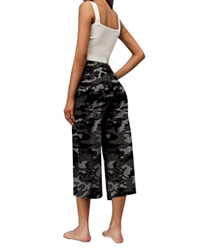 Reshe Women's Yoga Capris Lounge Pants Indoor Sweatpants Straight Wide Leg Crop Jersey Pants (Camouflage Grey, Medium) #TOP2
