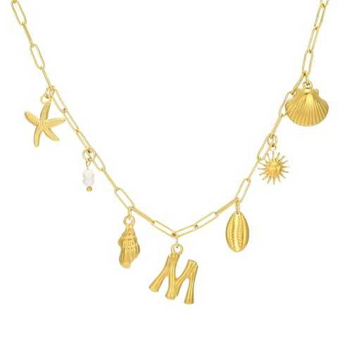 Gold Initial Charm Necklace for Women Gold Shell Starfish Necklace Summer Beach Charms Necklaces for Women Beach Jewelry Gift