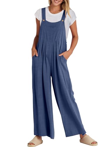 ANRABESS Womens Jumpsuits Overalls Linen Wide Leg Jumpers Casual Summer Fall Outfits 2026 Beach Vacation Clothes with Pockets Deep Blue Large