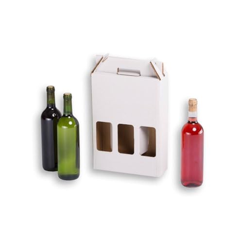 TELECAJAS | 20 Estuches 3 Botellas de Vino Automontable con Asas para regalos, Cartón Blanco | Pack de 20