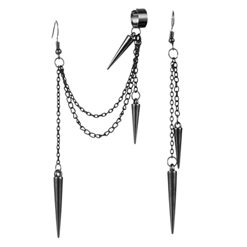 VOLLGUFEN Ligero Único Negro Punk Long Tassel Chain Ear Cuff Pendientes 316L Acero inoxidable Vintage Bucket Studs Climber Pendientes Cover