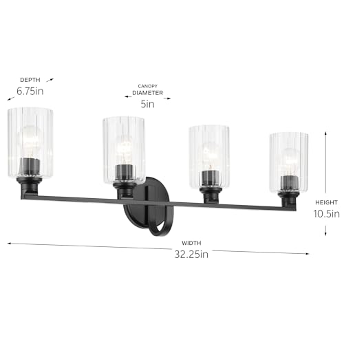 Image of Kichler Gioe 4-Light Bathroom Vanity Light Fixture with Clear Fluted Glass in Black, Modern Wall Mount Over Mirror Lighting for Powder Room (32.25 x 10.5 x 6.75 in), 55227BKFLU