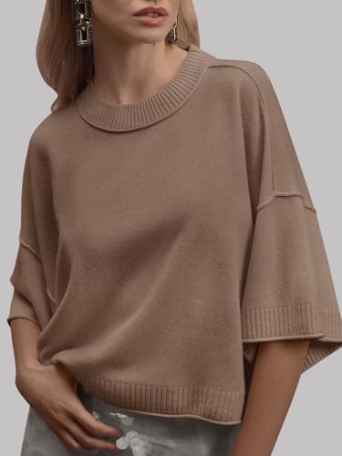 Image of Saodimallsu Womens Short Sleeve Sweater Summer Oversized Cropped Sweaters Casual Crewneck Lightweight Knit Tops