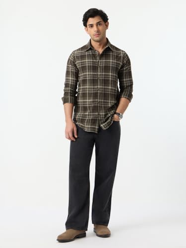 Image of The Souled Store Plaid Shirt: Sepia Men and Boys Long Sleeve Spread Collar Brown Plaid Cotton Blend Lightweight Easy to Style Everyday Office Wear Regular Casual Shirt