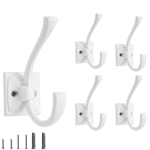 CABDM 5 Pack Decorative Heavy Duty Towel Hooks for Hanging Robe Double White Coat Hooks Wall Mounted with Screws for Key, Towel, Bags, Cup, Hat