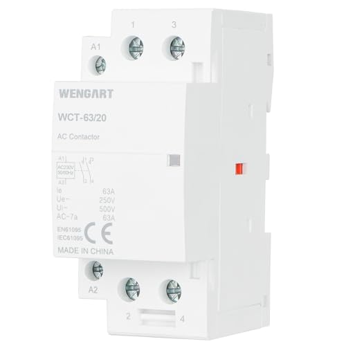 Image of Wengart 63A 2-Pole AC Contactor WCT-63, 230V DIN Rail Mount, 36mm Slim Design, 2NO (Normally Open) for Consumer Units, Heavy Duty Switching for EV Chargers, Hot Tubs & Electric Heating Systems
