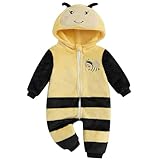 Pudcoco Toddler Baby Boys Girls Halloween Bee Costume Cartoon Animal Fuzzy Hooded Zipper Romper Jumpsuit Cosplay