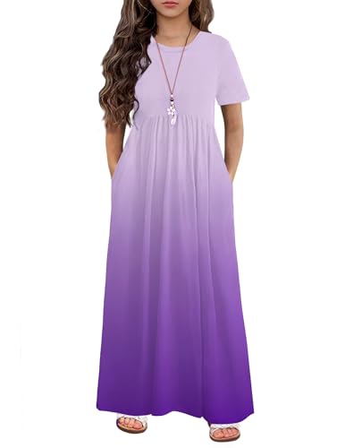 Image of Arshiner Girls Maxi Dress Long /Short Sleeve Casual Holiday Dress with Pockets for 5-13 Years