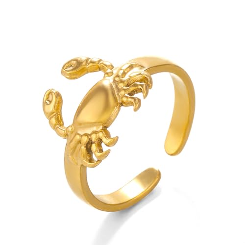 OIDIMS Cute Crab 18k Gold Plated Open Statement Rings for Women Wedding Engagement Ring Eternity Promise Band Stainless Steel Adjustable Finger Bands Lovely Jewelry Gifts Birthday Christmas