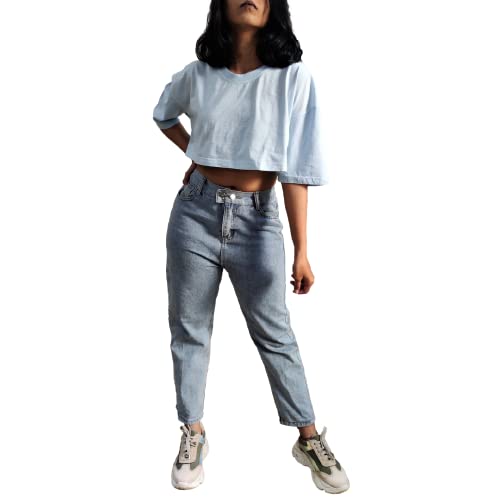 GebruicWomens Cotton Regular Fit Oversized Crop Top - Baby Blue Oversized Crop Top