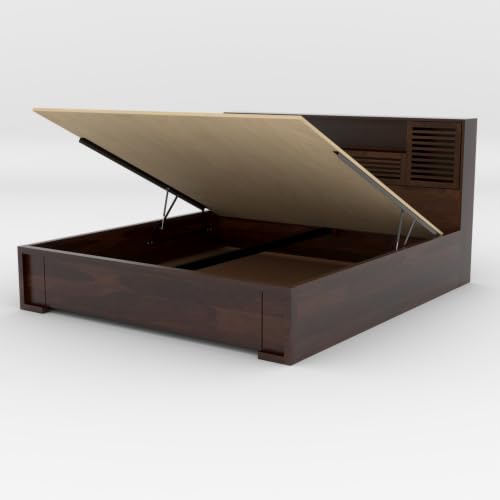 Image of Kunjal Furniture Solid Sheesham Wood Bed with Headboard & Box Storage - Handcrafted Wooden Bed for Bedroom - Ideal for Home (Flyding Walnut, King Size)