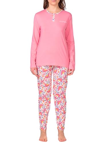 o-day Coconuda damespyjama van 100% licht katoen, ideaal voor lente en overgangsperiode, set van bovendeel met knopen, comfortabele broek en bijpassende accessoire, Model 4, M