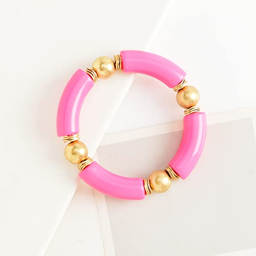 Lalapple Gold Plated Beaded Acrylic Bamboo Tube Bangle Bracelets For Women, Colorful Chunky Curved Tube With Gold Pieces Beads Stretch Bracelet Friendship Summer Beach Jewelry (M-Watermelon Red) #TOP2