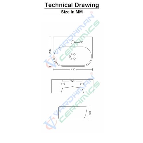 Image of Wash Basin Wall Hung cum Counter Top Mounted Glossy Finish White Sink for Bathroom 17 x 12 x 5 Inch