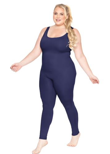 Image of STRETCH IS COMFORT Womens Plus Size Tank Unitard Athletic Rompers For Women | 95% cotton 5% spandex, round neckline, sleeveless straps, U-back, seamless front, one piece outfits for women, workout romper
