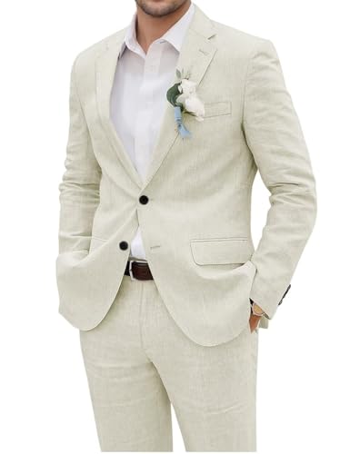 Men's Linen Suit 2 Piece Slim Fit Beach Wedding Groomsmen Suits Lightweight Two Button Casual Blazer Pant Set