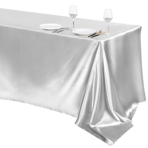 TURSTIN 1 Pack Silver Satin Tablecloth 102 x 58 Inch Overlay Table Cover