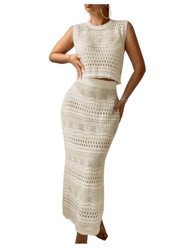 Verdusa Women's 2 Piece Cover Ups Hollow Out Beach Outfits Knit Tank Tops and Bodycon Skirt Set
