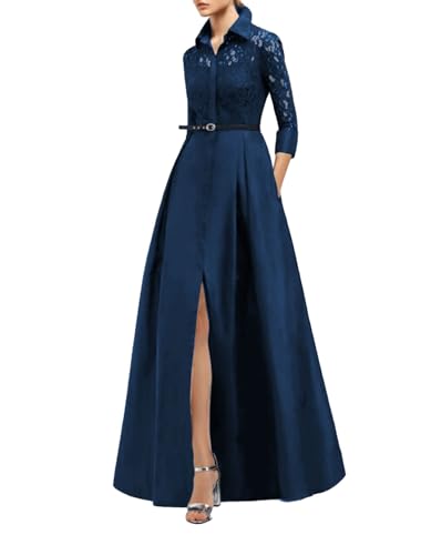 A Line Vintage Wedding Guest Dress Satin Floor Length Mother of The Bride Dress Shirt Collar Split Front 2024