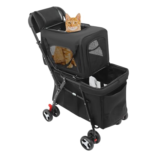 Carrito plegable de 2 niveles, carrito para perros y gatos, robusto carrito para mascotas con ventana de ventilación y bolsa de transporte, fácil de maniobrar para viajes, parques, compras (negro)