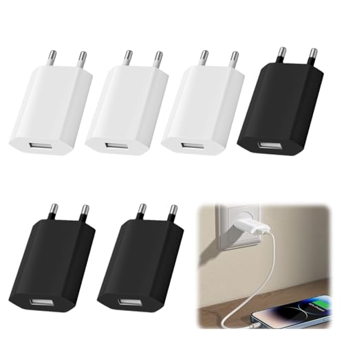 EuAcesry 6-Pack Prise USB, Chargeurs USB 5W, 5V/1A Mini USB Prise de Chargeur SecteurUSB, Prise SecteurUSB, Chargeurs pour Téléphones Portables, Noir, Blanc