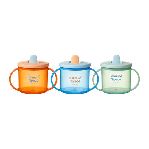 Tommee Tippee First Cup 190ml Non-Spill Sippy Cup for Babies 4 Months+ with Free-Flow Flip-Down Spout and Easy to Hold Handles Orange Blue and Green 3 Pack