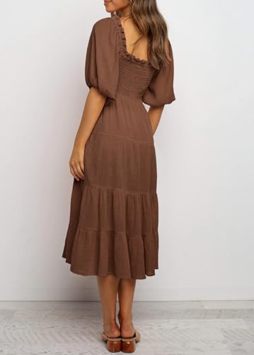 Image of R.Vivimos Women's Summer Cotton Lantern Sleeves Ruffled Off Shoulder A-Line Midi Dresses